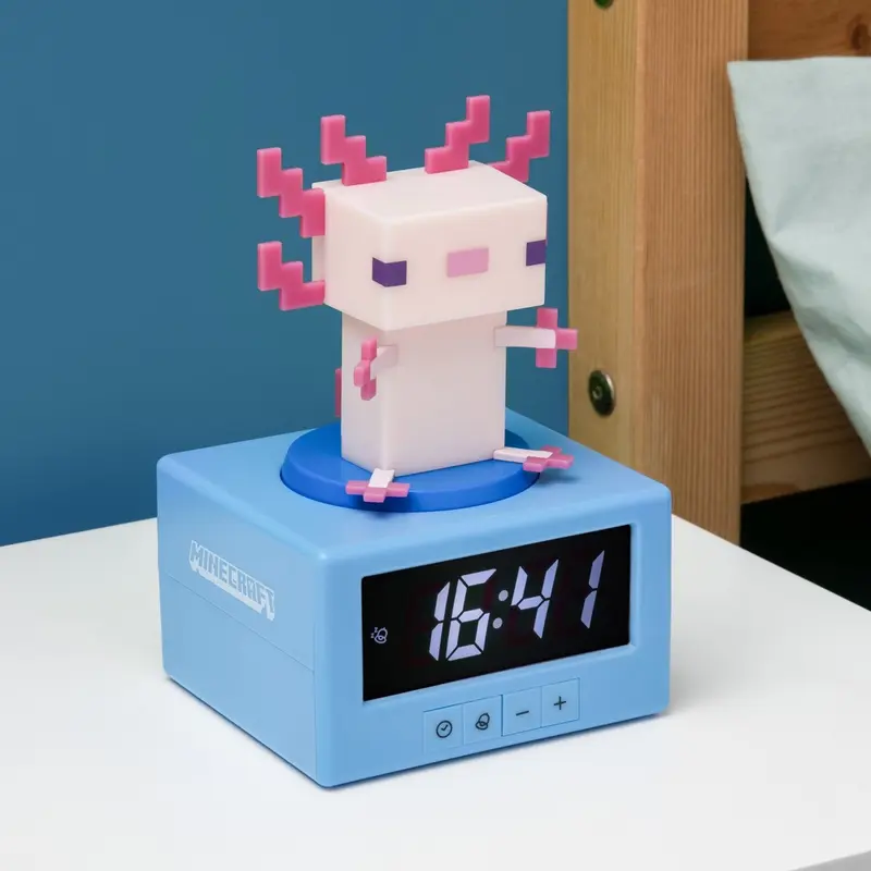 Paladone Minecraft Axolotl Icon Alarm Clock 15043, Digital Display, 15 cm, ABS Plastic, Night Light, Tap-to-Snooze, Official Minecraft Sound, Multicolor