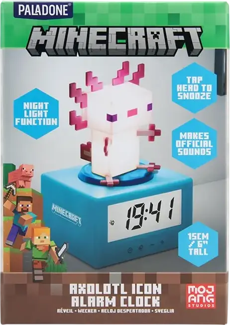 Paladone Minecraft Axolotl Icon Alarm Clock 15043, Digital Display, 15 cm, ABS Plastic, Night Light, Tap-to-Snooze, Official Minecraft Sound, Multicolor
