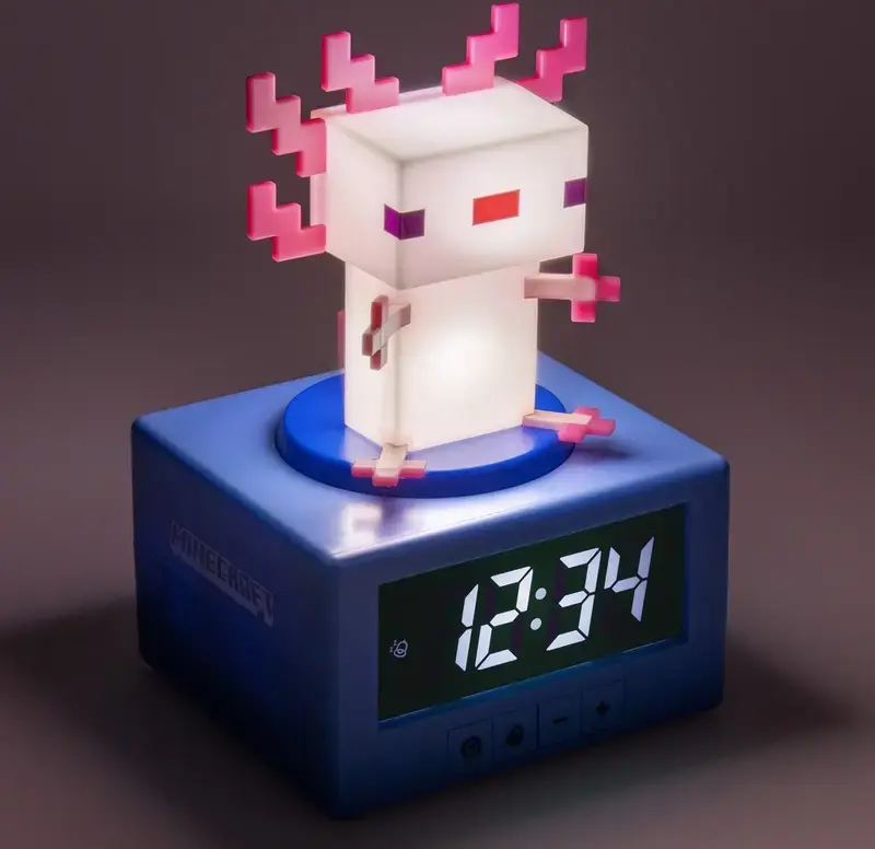 Paladone Minecraft Axolotl Icon Alarm Clock 15043, Digital Display, 15 cm, ABS Plastic, Night Light, Tap-to-Snooze, Official Minecraft Sound, Multicolor