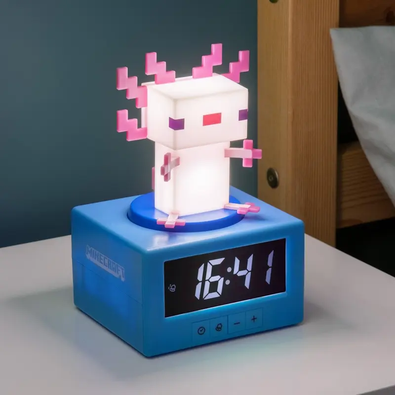 Paladone Minecraft Axolotl Icon Alarm Clock 15043, Digital Display, 15 cm, ABS Plastic, Night Light, Tap-to-Snooze, Official Minecraft Sound, Multicolor