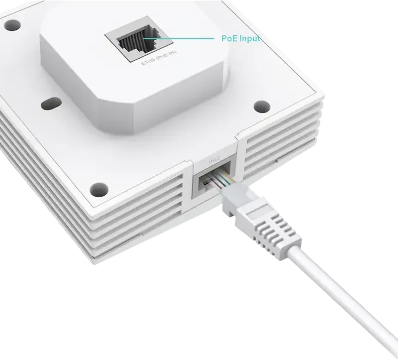 TP-Link EAP650-Wall Access Point Wi-Fi 6 AX3000, Placa de Perete, Dual-Band 574+2402 Mbps, 2x Gigabit Ethernet PoE, Management Centralizat Omada SDN, Alb