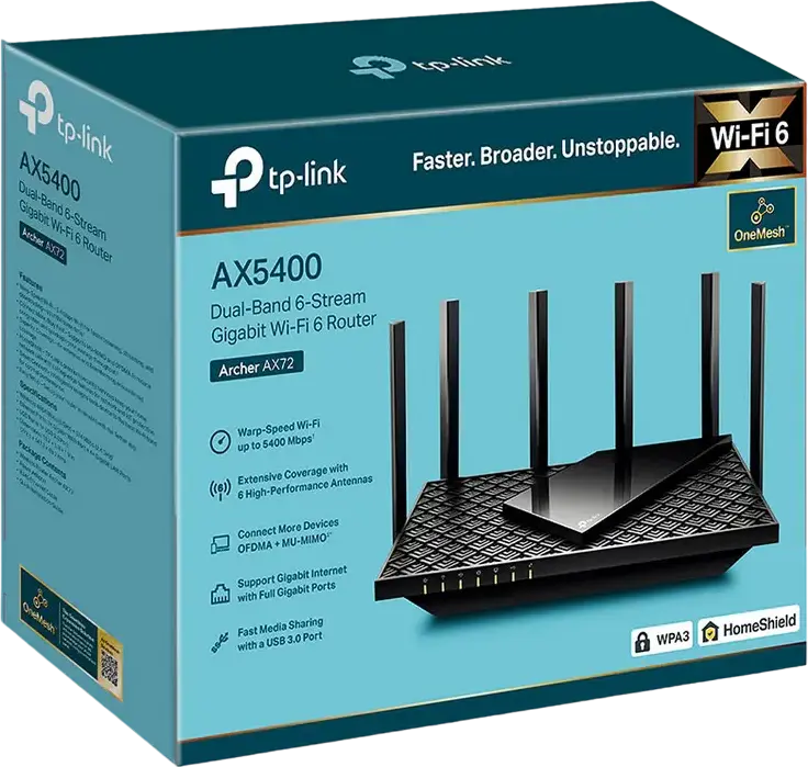 Роутер TP-Link Archer AX72 AX5400 двухдиапазонный Gigabit Wi-Fi 6, 6 антенн, 4x4 MU-MIMO, двухъядерный процессор Qualcomm, USB 3.0, OneMesh, WPA3, черный