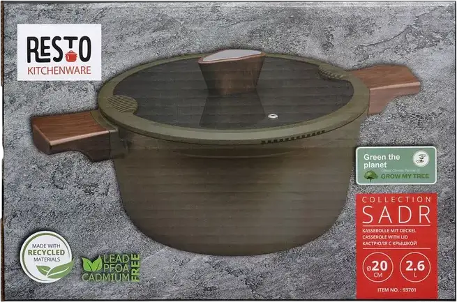 Oala RESTO 93701 SADR din Aluminiu cu Capac Glass, Interior Non-stick, Compatibila cu Inductie, 2.6L, 20cm, Verde