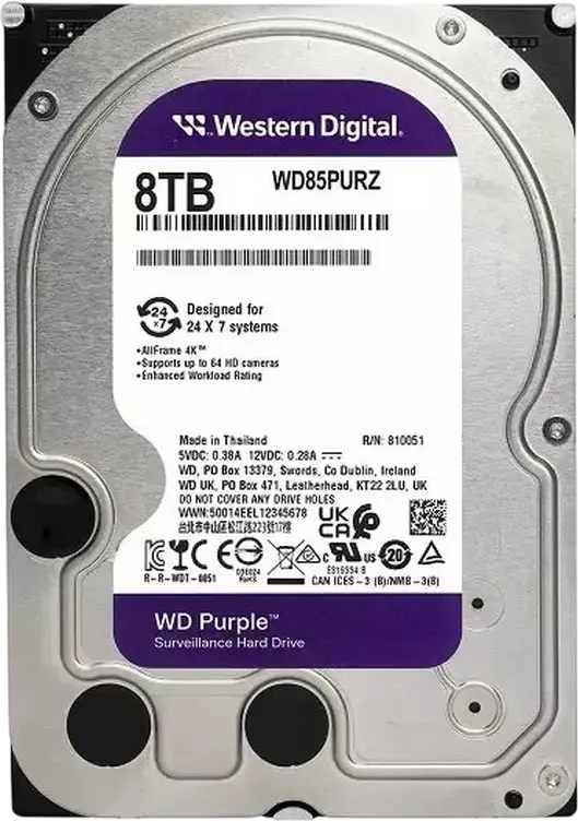 Western Digital WD Purple WD85PURZ Surveillance Hard Drive HDD 8TB 3.5-inch SATA 6Gb/s 256MB Cache 5640 RPM CMR AllFrame for NVR 24/7 Operation