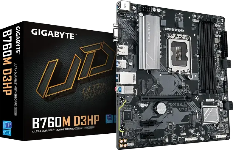 Материнская плата Gigabyte B760M D3HP LGA1700 Intel B760 Micro-ATX DDR5 5600МГц до 256ГБ ОЗУ PCIe Gen4 M.2 HDMI 2.1 DisplayPort 1.2 Gigabit Ethernet