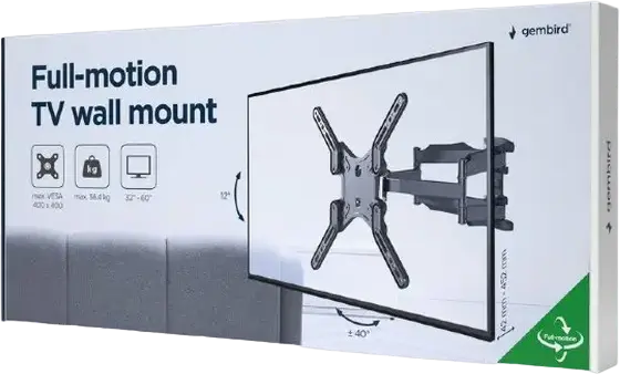 Gembird WM-60ST-01 Full-Motion TV Wall Mount, 32-60 inch Screen, VESA 400x400mm, Max Load 36.4kg, Tilt -2 to +10 deg, Swivel 80 deg, Steel, Black