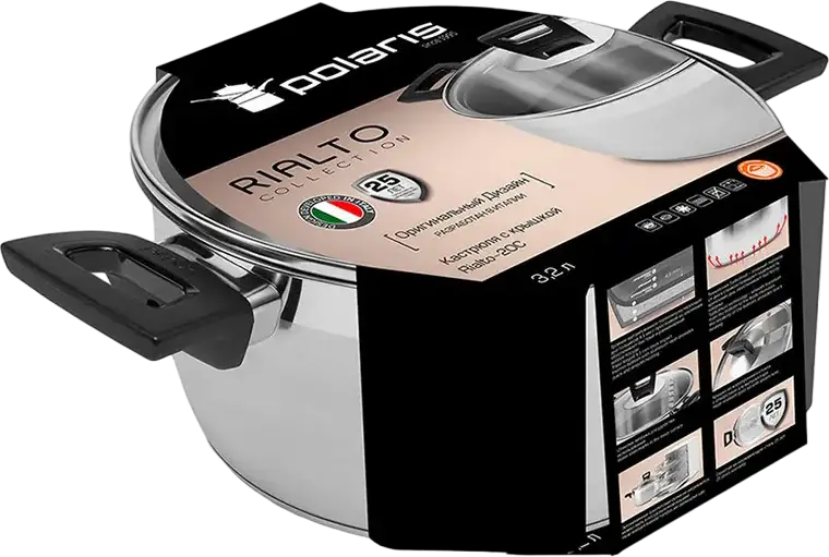 Polaris Rialto-20C Stainless Steel Pot, 3.2L Capacity, 20cm Diameter, Glass Lid, Bakelite Handles, Grey, Dishwasher Safe
