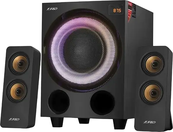 F&D F770X 2.1 Channel Multimedia Speaker System, 76W RMS, Bluetooth 5.0, Optical S/PDIF, USB, FM Radio, Wood Cabinet, LED Lighting, Remote Control, Black