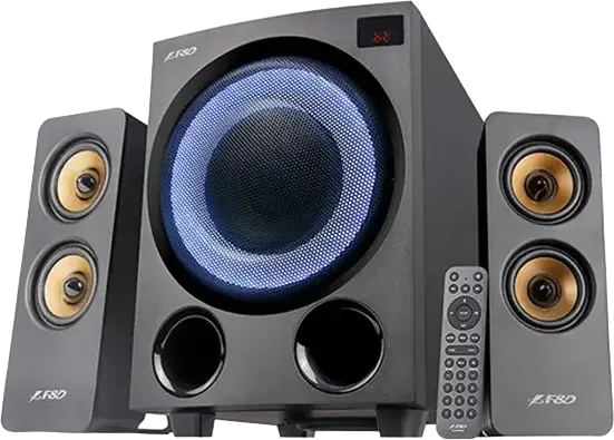 F&D F770X 2.1 Channel Multimedia Speaker System, 76W RMS, Bluetooth 5.0, Optical S/PDIF, USB, FM Radio, Wood Cabinet, LED Lighting, Remote Control, Black