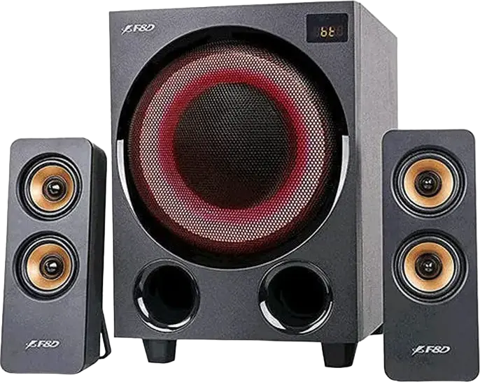 F&D F770X 2.1 Channel Multimedia Speaker System, 76W RMS, Bluetooth 5.0, Optical S/PDIF, USB, FM Radio, Wood Cabinet, LED Lighting, Remote Control, Black