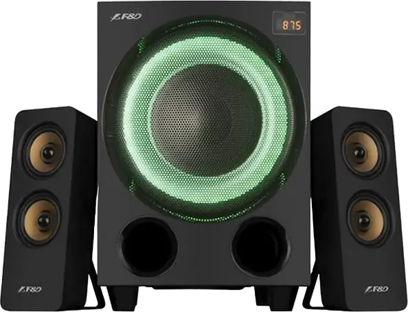 F&D F770X 2.1 Channel Multimedia Speaker System, 76W RMS, Bluetooth 5.0, Optical S/PDIF, USB, FM Radio, Wood Cabinet, LED Lighting, Remote Control, Black