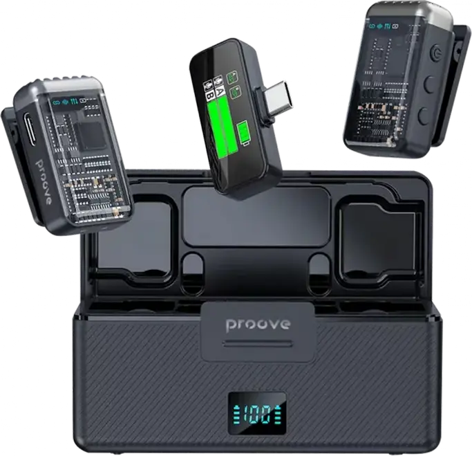 Proove Ripple Wireless Lavalier Microphone System, 50m Range, 100Hz-20kHz, Type-C & Lightning for Android/iOS, Magnetic Mount, Charging Case, Black