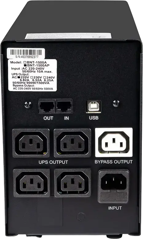 Powercom BNT-1500AP Black Knight Pro Line-Interactive UPS 1500VA/900W Sine Wave Tower, 5x IEC C13 Outlets, USB Interface, Surge Protection