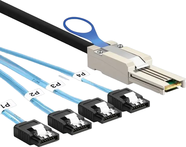 Cablu RAID Breakout SFF-8088 Mini-SAS la 4x SATA, 1m, Negru, PVC si Metal, Conectori SATA etichetati P1-P4
