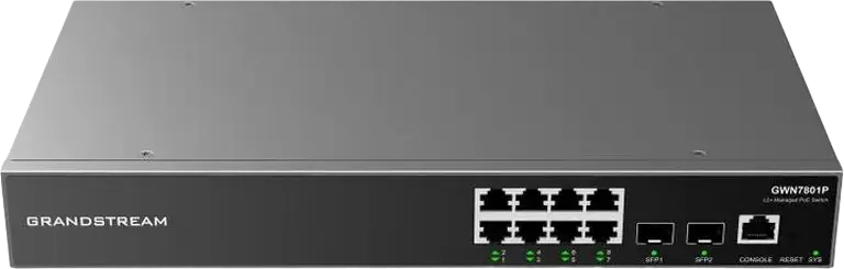 Switch de retea Grandstream GWN7801 Layer 2+ Managed PoE+ (802.3at), 8 porturi RJ45 10/100/1000 Mbps, 2 porturi SFP, Carcasa Metalica, Management Cloud, Rutare Unicast