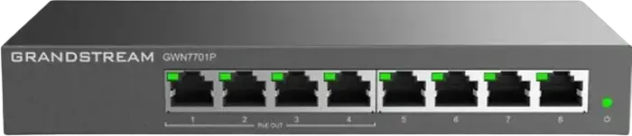 Switch de retea neadministrat Grandstream GWN7701P PoE, 8 Porturi Gigabit Ethernet (4x PoE+ IEEE 802.3af/at), Putere 60W, Carcasa Metalica, Gri