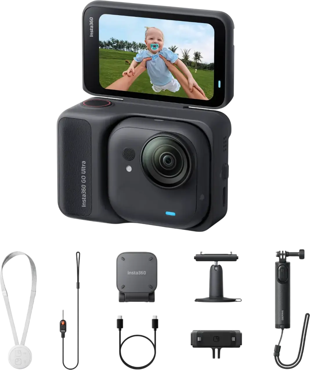 Insta360 GO Ultra Action Camera, 4K 60fps Video, 50MP Photo, FlowState Stabilization, IPX8 Waterproof, 2.5" Flip Touchscreen Action Pod, Black