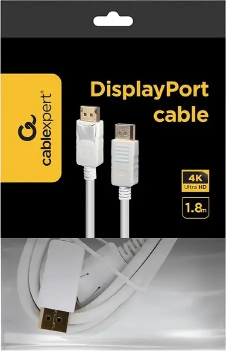 Cablexpert CC-DP2-6-W DisplayPort v1.2 Cable, 4K UHD 3840 x 2160 @ 60Hz, Dual-Mode DP++, 17.28 Gbps Bandwidth, White, 1.8m