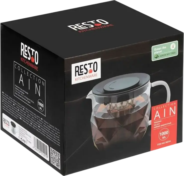 Resto Kitchenware 90516 AIN Borosilicate Glass Teapot with Stainless Steel Infuser, 1000ml, Heat-Resistant Glass Body, Dishwasher Safe
