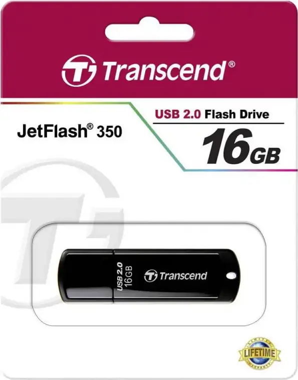 Stick USB Transcend JetFlash 350 USB 2.0, 16 GB, Conector Type-A, Design Slim Portabil cu Capac Protector si Gaura pentru Cordon, Negru
