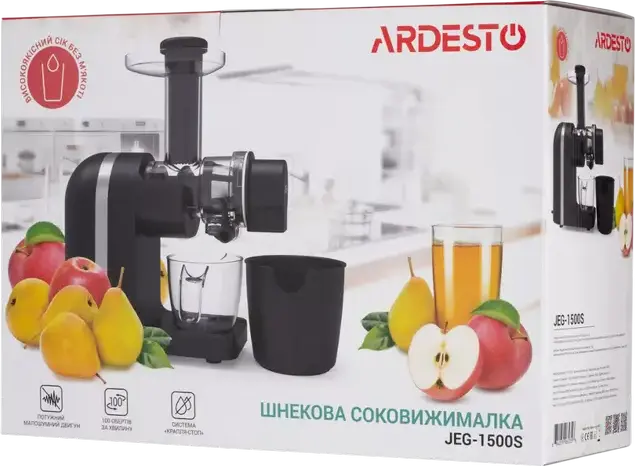 Ardesto JEG-1500S Slow Juicer, 200W Auger Squeezer, Stainless Steel Screw, BPA-free Tritan, Reverse Function, Drop-stop, Low-noise, Black/Metallic