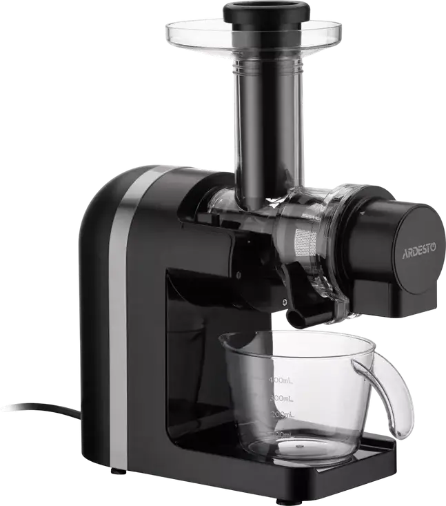 Ardesto JEG-1500S Slow Juicer, 200W Auger Squeezer, Stainless Steel Screw, BPA-free Tritan, Reverse Function, Drop-stop, Low-noise, Black/Metallic