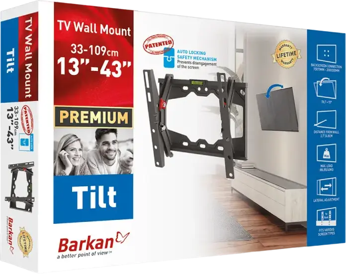 Barkan E210+ Tilt TV Wall Mount for 13-43 inch Screens, Metal, Black, VESA 75x75 to 200x200mm, 40kg Load, 0-15 Degree Tilt, Auto-Locking Safety