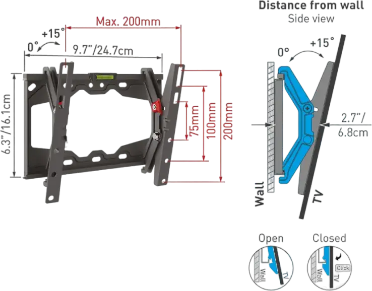 Barkan E210+ Tilt TV Wall Mount for 13-43 inch Screens, Metal, Black, VESA 75x75 to 200x200mm, 40kg Load, 0-15 Degree Tilt, Auto-Locking Safety