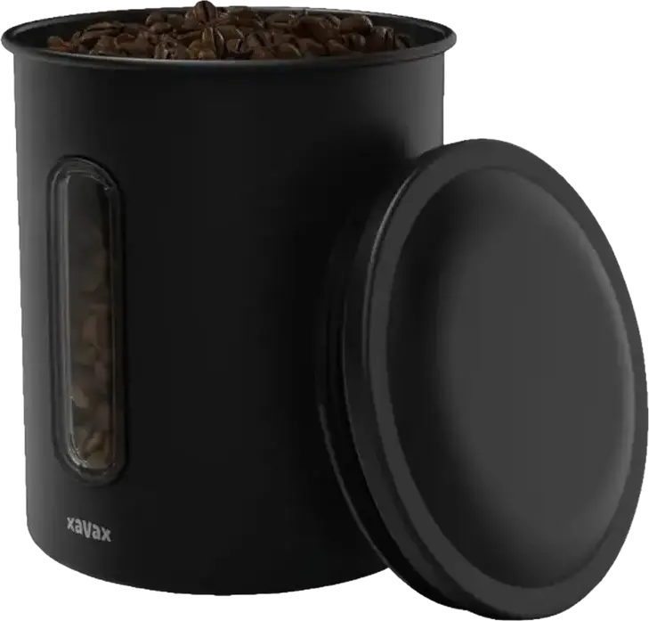 Containor cafea Xavax 111275, otel carbon, capac etans cu fereastra de vizualizare, capacitate 1.3kg boabe / 1.5kg cafea macinata, negru, 16.5 x 12.5 x 12.5 cm