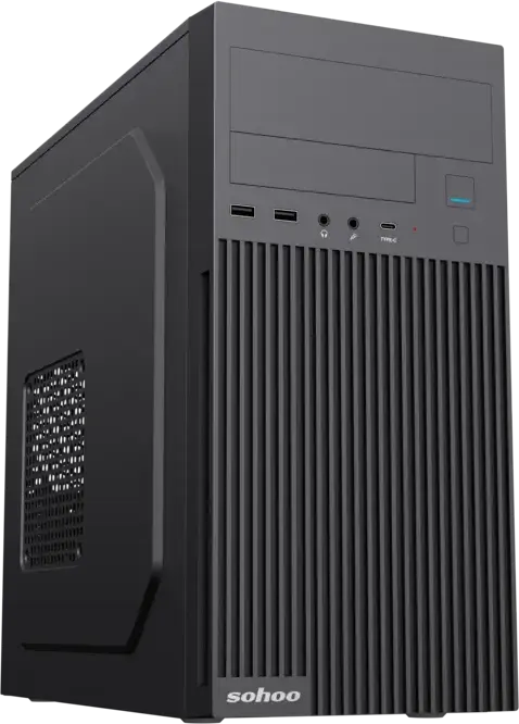 Carcasa PC Sohoo 6521BK Micro-ATX Mini Tower, Otel SPCC/SGCC, Bay 5.25" ODD, 3.5" HDD, 2.5" SSD, 4 Sloturi Expansiune, Negru