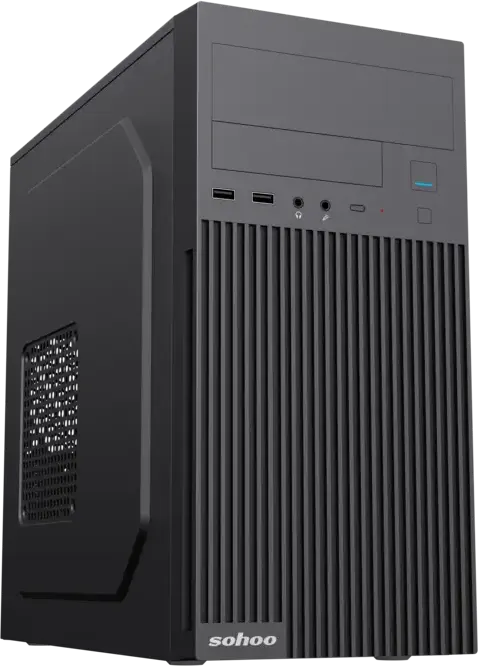 Carcasa PC Sohoo 6521BK Micro-ATX Mini Tower, Otel SPCC/SGCC, Bay 5.25" ODD, 3.5" HDD, 2.5" SSD, 4 Sloturi Expansiune, Negru