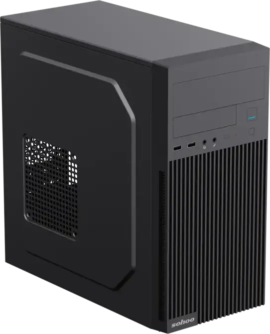 Carcasa PC Sohoo 6521BK Micro-ATX Mini Tower, Otel SPCC/SGCC, Bay 5.25" ODD, 3.5" HDD, 2.5" SSD, 4 Sloturi Expansiune, Negru
