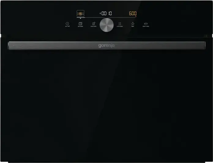 Встраиваемый компактный духовой шкаф с СВЧ Gorenje BCM4547DG, 50 л, черный, СВЧ 1000 Вт, гриль 2200 Вт, AirFry+, TurboBake, 22 автопрограммы OptiBake, LED