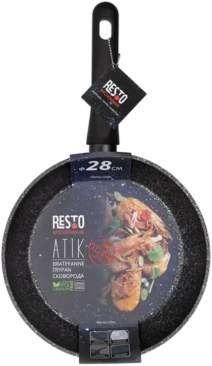 RESTO ATIK 93404 Non-Stick Aluminum Frying Pan, 28 cm Diameter, PFLUON Coating, Thermospot Indicator, Rubber Handle, Black