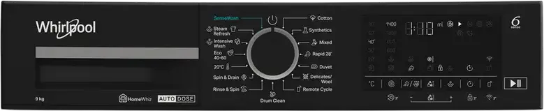 Masina de spalat rufe Whirlpool WPM 97W ADS EE cu incarcare frontala, 9kg, 1400rpm, Clasa Energetica A, Motor SenseInverter, 6th Sense, Auto Dose, HomeWhiz Wi-Fi, Alb