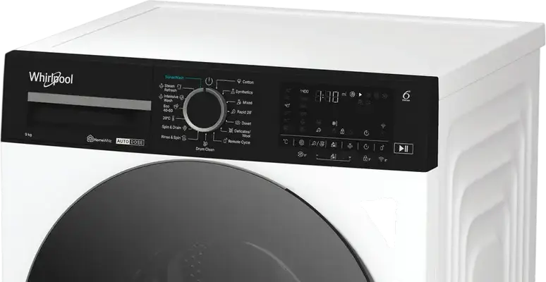Masina de spalat rufe Whirlpool WPM 97W ADS EE cu incarcare frontala, 9kg, 1400rpm, Clasa Energetica A, Motor SenseInverter, 6th Sense, Auto Dose, HomeWhiz Wi-Fi, Alb