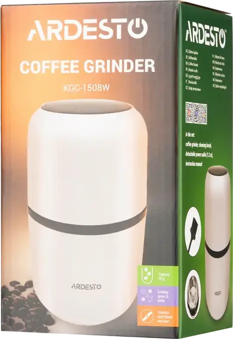 Ardesto KGC-1508W Rotary Coffee Grinder, 150W, 80g Capacity, Stainless Steel Blades and Bowl, for Coffee, Spices and Nuts, White