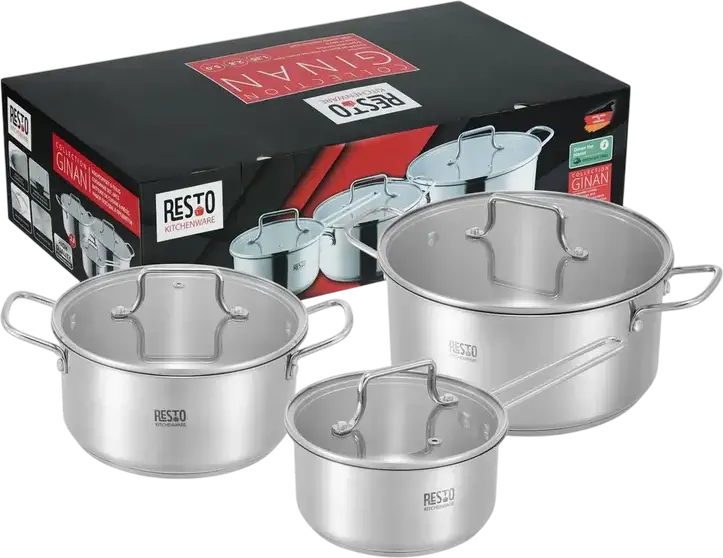 RESTO 92025 Ginan Stainless Steel Cookware Set, 6 Pieces, Induction Compatible, Glass Lids, Satin Finish, 26L Total Volume