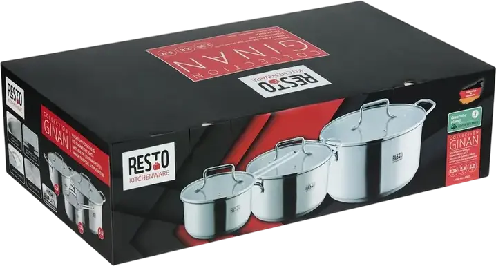 RESTO 92025 Ginan Stainless Steel Cookware Set, 6 Pieces, Induction Compatible, Glass Lids, Satin Finish, 26L Total Volume