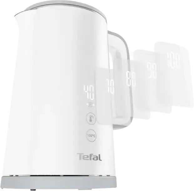 Tefal Sense KO693110 Electric Kettle, 1.5L, 1800W, 5 Temperature Levels (40-100°C), Digital Display, Stainless Steel Interior, White, Boil-Dry Protection