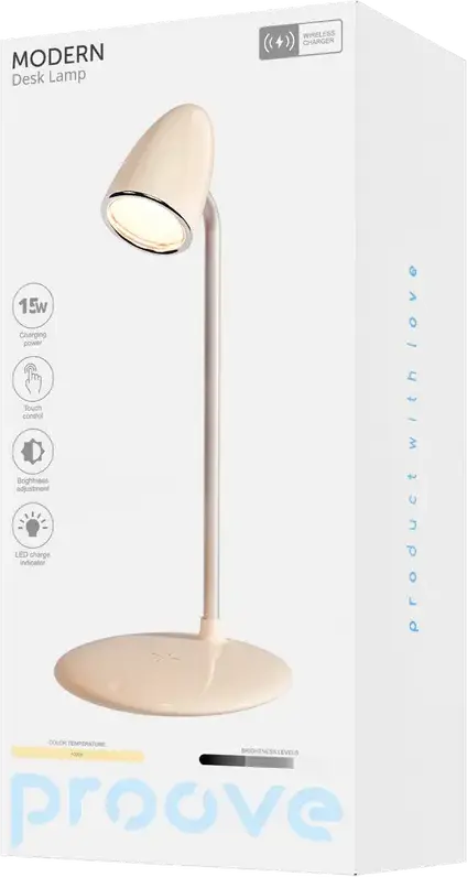 Lampa de birou LED Proove Modern, 10W, 36 diode, 3 nivele de luminozitate, 4000K Alb Cald, Incarcator Wireless 15W, USB Type-C, Plastic ABS, Bej