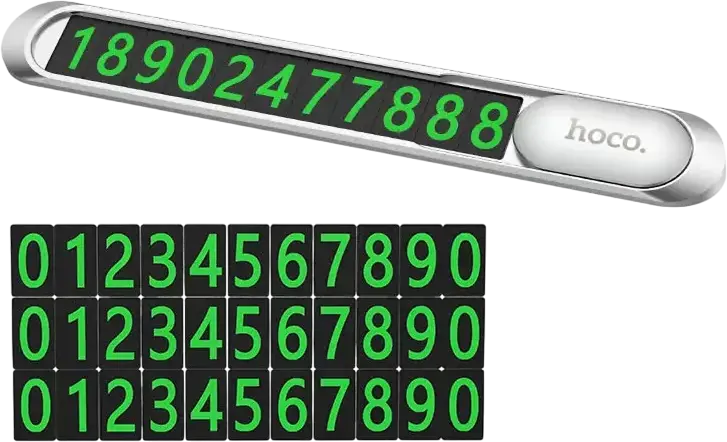 Hoco PH41 Promise Magnetic Hidden Parking Phone Number Plate for Car Dashboard, Zinc Alloy and PC, Silver, with Fluorescent Digital Stickers