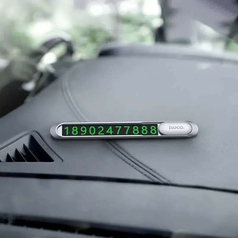 Hoco PH41 Promise Magnetic Hidden Parking Phone Number Plate for Car Dashboard, Zinc Alloy and PC, Silver, with Fluorescent Digital Stickers