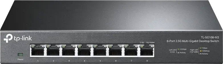 Switch de retea neadministrat TP-Link TL-SG108-M2, 8 porturi 2.5 Gbps RJ45, Capacitate comutare 40 Gbps, Carcasa Otel, Design Silent Fara Ventilator