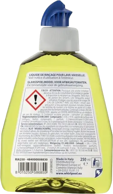Whirlpool Wpro RIA254 Professional Dishwasher Rinse Aid, 250 ml, Lemon Scent, Anti-Limescale and Streak-Free Quick Drying, C00385441