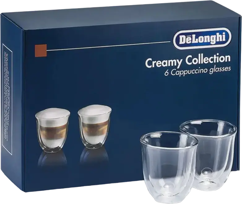 DeLonghi DLSC301 Creamy Collection Double-Walled Borosilicate Glass Cappuccino Glasses Set, 270ml Thermal Insulated Tulip Shape, Dishwasher Safe