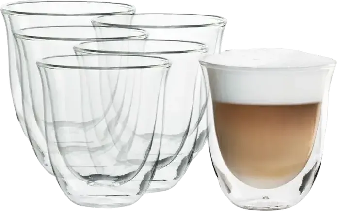 DeLonghi DLSC301 Creamy Collection Double-Walled Borosilicate Glass Cappuccino Glasses Set, 270ml Thermal Insulated Tulip Shape, Dishwasher Safe