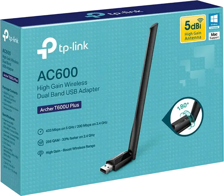 Adaptor USB Wireless Dual Band TP-Link Archer T600U Plus AC600 High Gain, Viteza 600Mbps (433Mbps 5GHz + 200Mbps 2.4GHz), Antenă Externă Reglabilă 5dBi, Negru