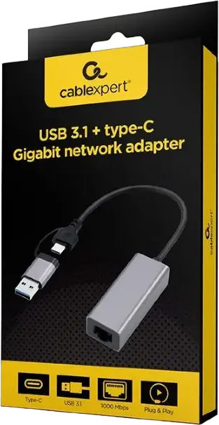 Adaptor Retea Gigabit Cablexpert A-USB3AC-LAN-01 USB 3.1 Gen 1 la RJ45 LAN 1000 Mbps Chipset RTL8153 Plug & Play Gri Spatiu