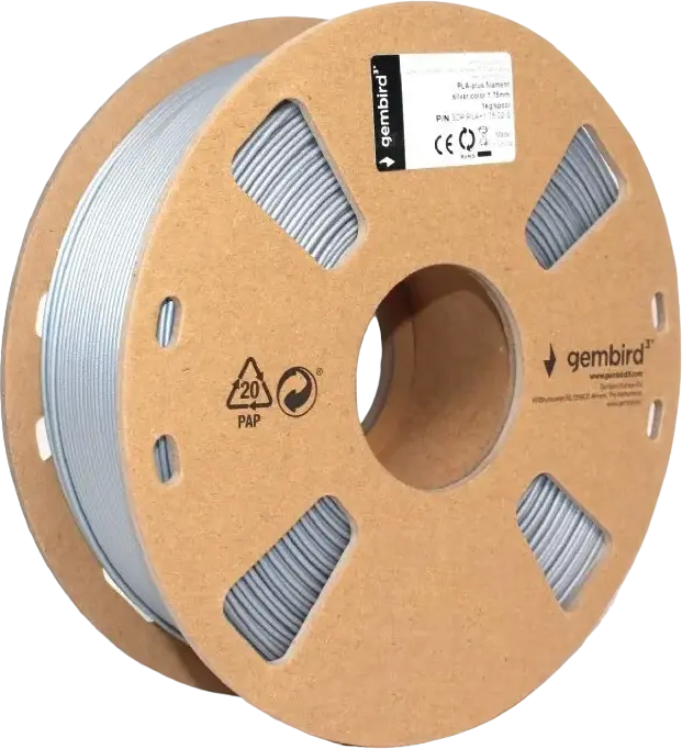 Filament 3D Gembird 3DP-PLA+1.75-02-G PLA+, Argintiu, Diametru 1.75 mm, Greutate Neta 1 kg, Temperatura de Printare 195-235 grade C, Bobina Reciclabila din Carton